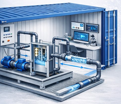 Ilustración de LA PERLA: sistema de oxidación avanzada combinada integrado en un contenedor marítimo con cuadro de control, bombas y celdas